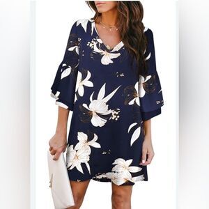 Navy blue and cream floral print layered bell sleeve dress size large
